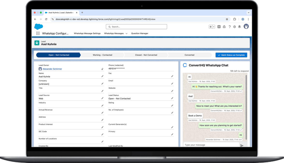 Salesforce lead management interface showing a lead record with contact details, lead status pipeline, and integrated ConvertHQ WhatsApp chat conversation displaying automated greeting and demo booking flow