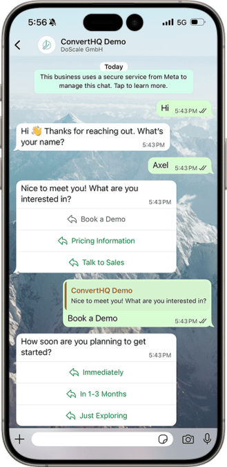Screenshot of ConvertHQ Demo chat interface showing a WhatsApp Business conversation with automated responses including greeting, service options like 'Book a Demo' and 'Pricing Information', and timeline questions with multiple choice answers