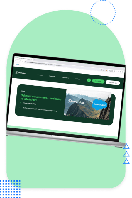 WhatsApp Business API welcome screen showing Salesforce customer integration with mountain landscape background and logo