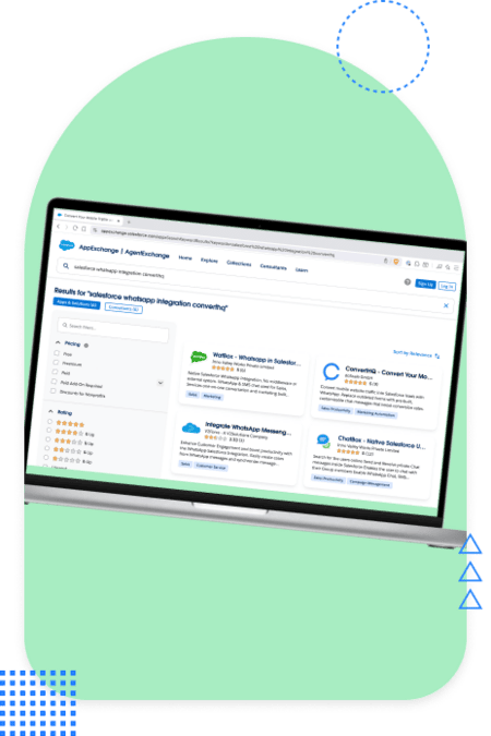 Salesforce AppExchange marketplace showing search results for WhatsApp integration apps and connectors with various third-party solutions listed