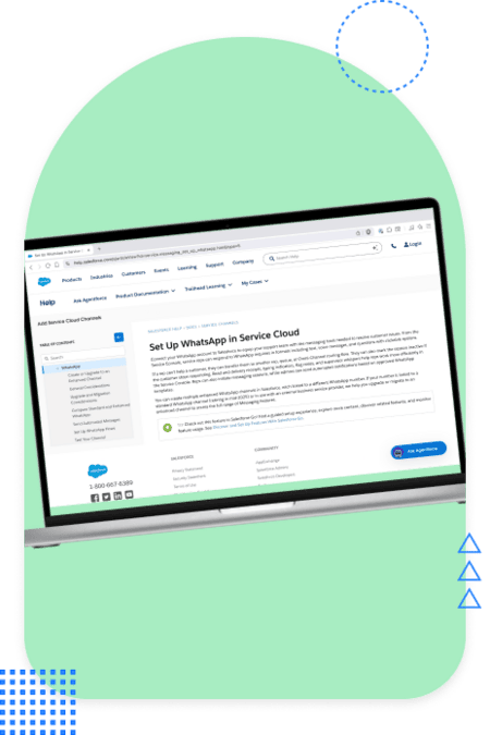 Salesforce Help documentation page titled 'Set Up WhatsApp in Service Cloud' with detailed configuration instructions and setup guidelines